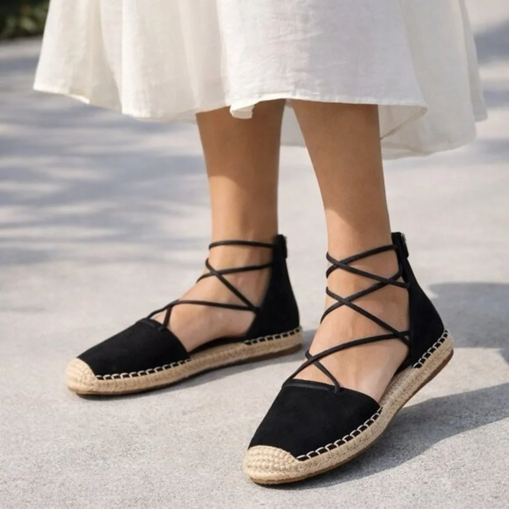 EILEEN FISHER Lace Leather Espadrille Black and Tan Size 7